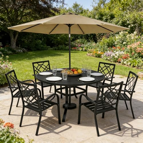Image of SUNCROWN 8-Piece Outdoor Wrought Iron Chairs and Table Patio Dining Furniture Set-6 Stackable Metal Chairs, 1 53 inch Round Bistro Table and 1 Brown 9Ft Patio Umbrella for Garden Backyard Deck