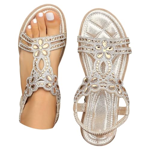 Sandalias de verano elegantes bohemias planas con brillantes brillantes y correa en T para verano, sandalias de suela suave, cómodas sandalias de playa, dorado, 39 EU 3X-Estrecho