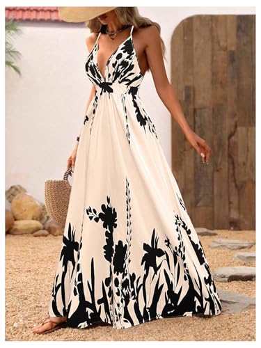 Image of MakeMeChic Women's Boho Maxi Dress Summer Luau Outfits Beach Wedding Guest Backless Sundress Flowy Resort Wear