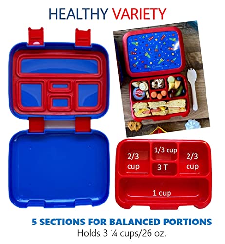 Image of kinsho Bento Lunch Box, Water Bottle, Ice Pack Set For Kids Toddlers, 5 Portion Sections, Removable Plastic Tray, Small Pre School Daycare Lunches, Snack Container, Blue Red Space Rocket