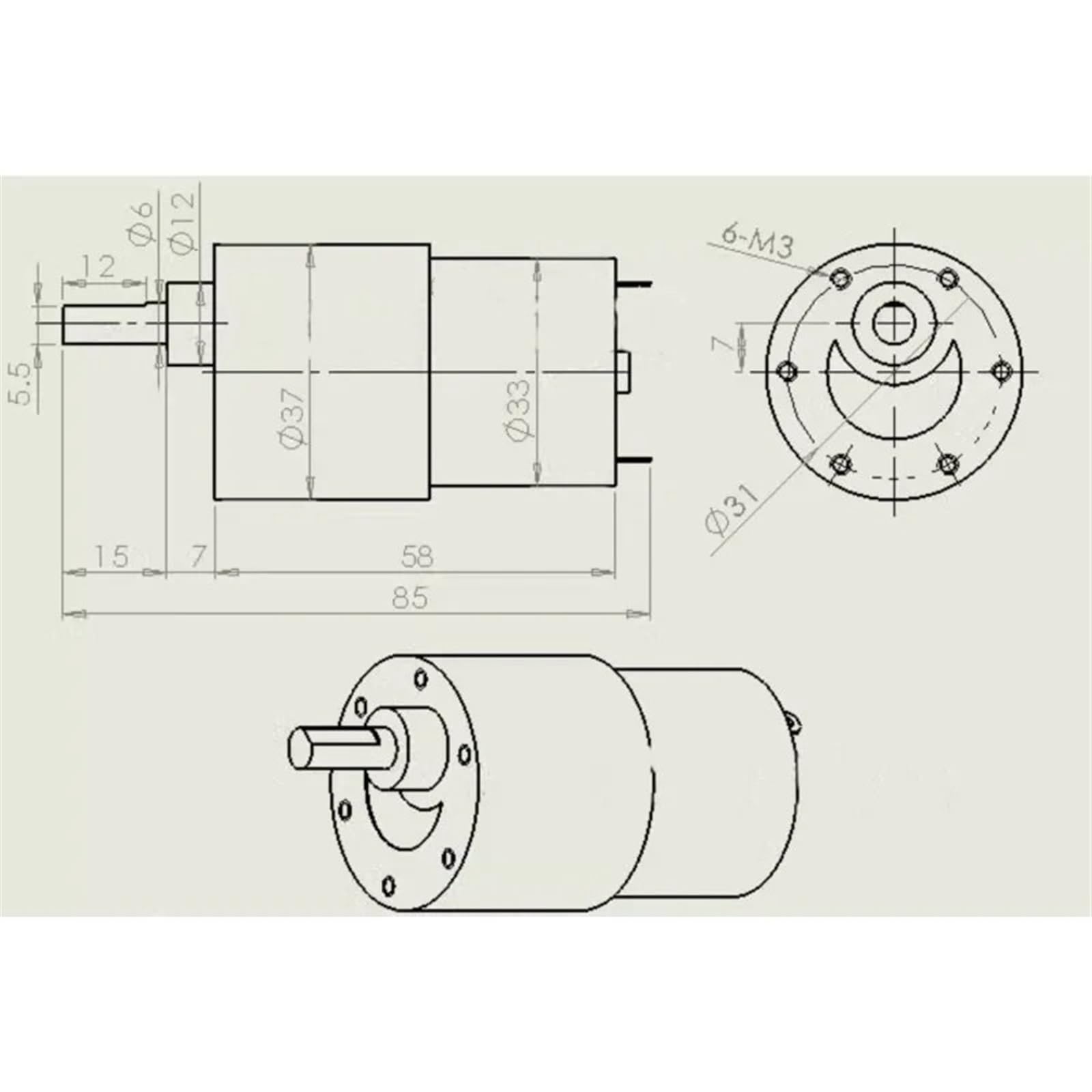 Elektryczny silnik przekładniowy 37 GB-528 DC 12 V, wał 5,5 mm, do samochodu, robota, 5,5 obr./min przy 400 obr./min (8 obr./min)