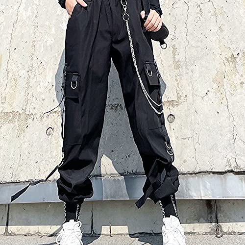 MEINVQIAOTI Black Cargo Pants for Women Hip-hop Street Loose High Waist Punk Chained Pants2