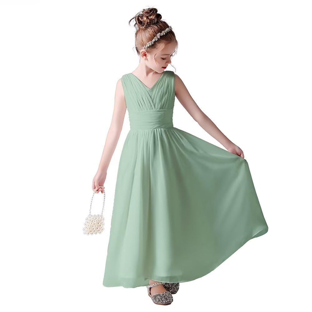 dideyttawl Little Girls Long Pleated Chiffon Flower Girl Dresses Wedding Junior Bridesmaid Sleeveless Dress 696