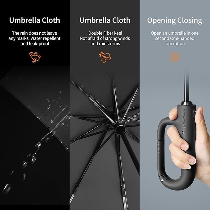 PRANIJ 3-Fold Compact Travel Golf Umbrella with Carabiner Handle | Auto Open-Close 10 Dual Rib Windproof Design | UV Protection Portable Umbrella for Rain/Sun for Car, Travel, Outdoor (Midnight Navy) 2