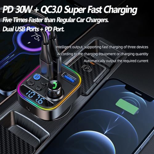 Image of Pmw - Wireless FM Transmitter for Car, Bluetooth Car Adapter with Type-C PD(30W) Car Charger and Dual USB Port,Wireless FM Radio Transmitter, Support MP3 Player, Handsfree Calling, LED Backlit - 1pcs