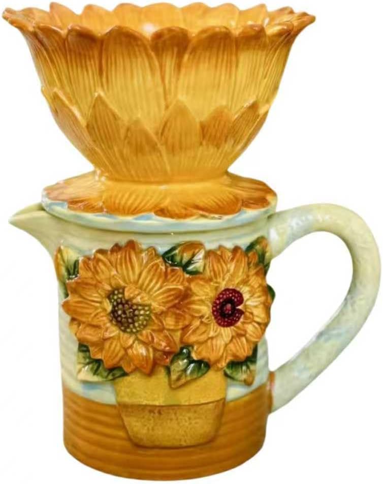 Ceramic Hand-painted Yellow Sunflower Pour Over Coffee Dripper and Coffee Pot Set, Manual Brew Maker