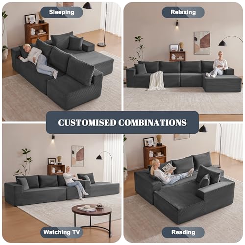Image of Mangodan 140 inch Cloud Sectional Couch, Boneless Sofa for Living Room, Modular Sectional Sofa with Deep Seat, Comfy Fluffy L-Shaped Couch with Right-Facing Chaise, No Assembly Required, Grey
