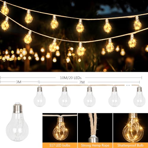 ZAIYW 10M Solar Hemp Rope String Lights Outdoor with Remote Timer, Solar String Lights with 20 S17 Shatterproof Bulbs, Waterproof Festoon Lights for Patio Party Garden Yard Decor (Warm White) - Image 5