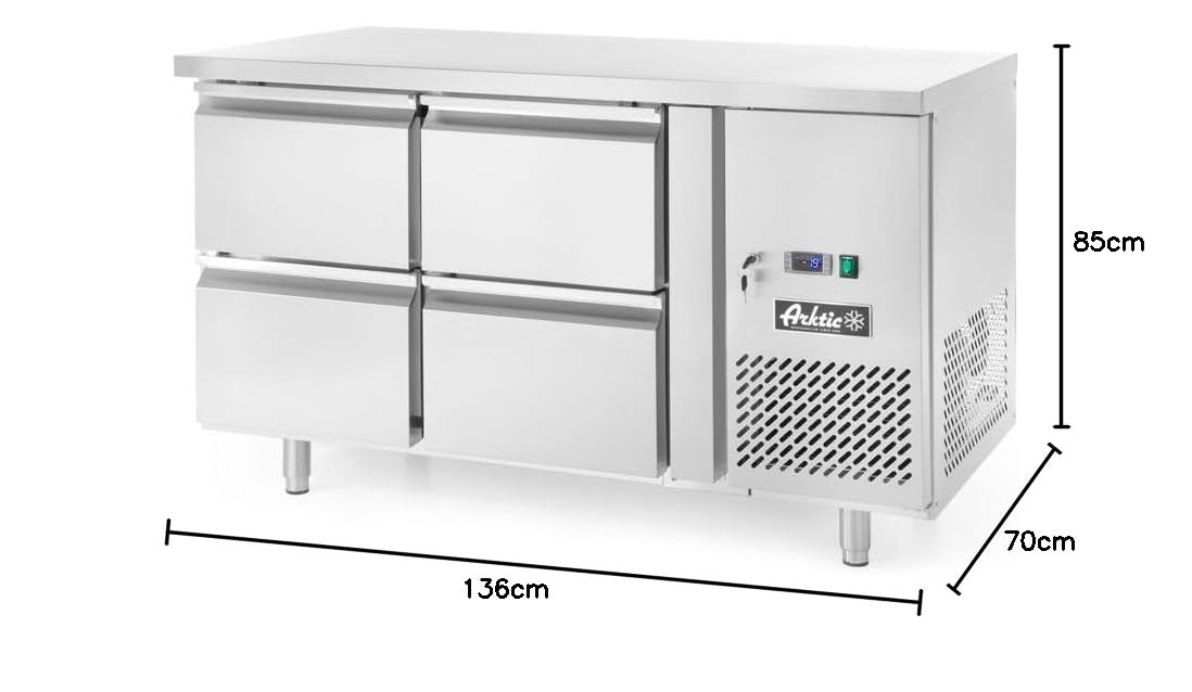 HENDI Mesa refrigerada Arktic de 4 cajones para GN 1/1, -2/8°C, 280 L, descongelación automática, pantalla digital, 230V/250W, 1360x700x(H) 850 mm, acero inoxidable