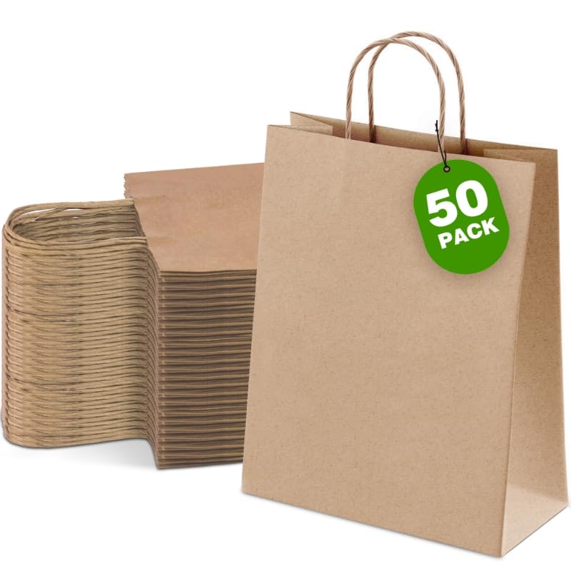 GINKGO 50 Pack Brown Kraft Paper Bags with Handles Medium Strong Gift Party & Retail Shopping Bags Eco-Friendly Recyclable 18 x 24 x 8 cm