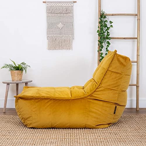 icon Dolce Velvet Lounger Bean Bag Chair, Ochre Yellow, Giant Beanbag Velvet Chair, Large Bean Bags for Adult with Filling Included, Chaise Longue Beanbag