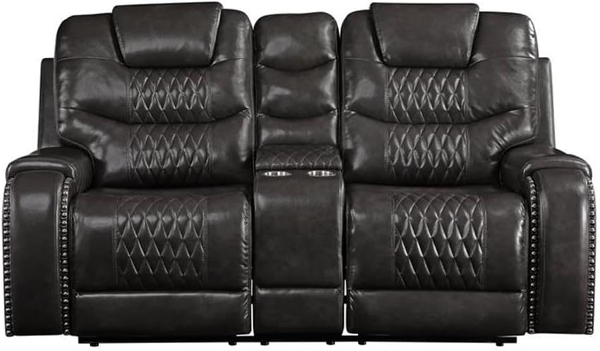 BOWERY HILL Contemporary Loveseat with Console, Magnetite PU Upholstery, 78" L x 38" D x 44" H, Diamond Tufted Cushions, Pillow Top Armrests, Reclining Motion, Storage Console with Cup Holders for
