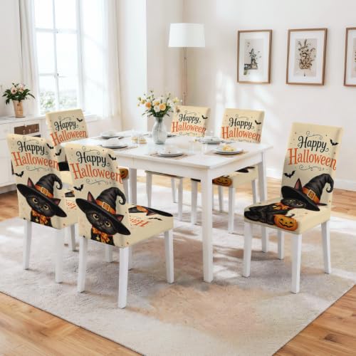 Image of Halloween Cat Dining Chair Covers Set of 4, Witch Hat Slipcovers