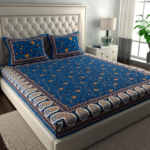 Image of LA VERNE 104 TC Cotton Double Bed Bedsheet Jaipuri Rajasthani Print Bedsheet with 2 Pillow Covers