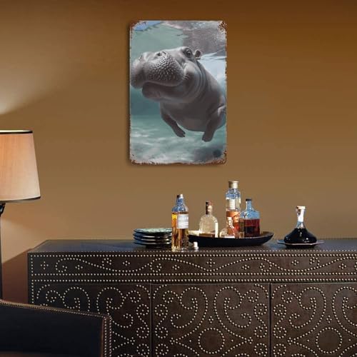 Tableau rustique en métal vieilli motif hippopotame original