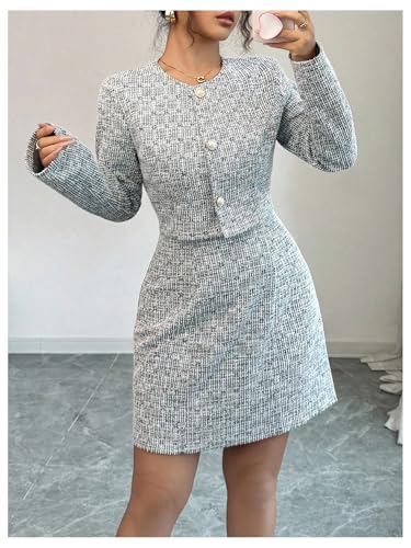 Image of SOLY HUX Women's 2 Piece Outfits Plaid Long Sleeve Button Down Cropped Jacket and Sleeveless Mini Dress Sets