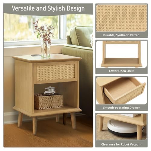 Image of Ink+Ivy End Table with Handwoven Rattan Design, Night Stand with Storage Drawers and Shelves, Equipped with Charging Function and LED Light, Solid Wood Material, for Bedroom, Small Space