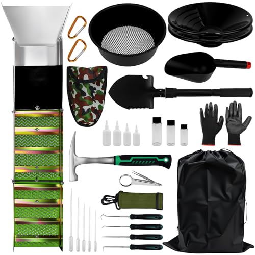 Complete Gold Panning Kits with 50 Folding Gold Sluice Box Gold Mining Kits Include Gold Pan Gold Classifier Gold Prospecting Equipment Gold Mining Accessories for Outdoor Treasure Hunting