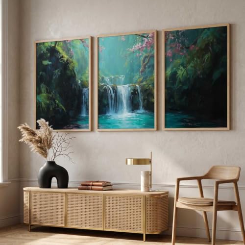 Image of kotart Abstract Nature Art Framed Paintings | Big Aesthetic Waterfall View Painting | Vastu Frames for Bedroom Living Room Wall Decor Set Of 3 (14x20 Inch)