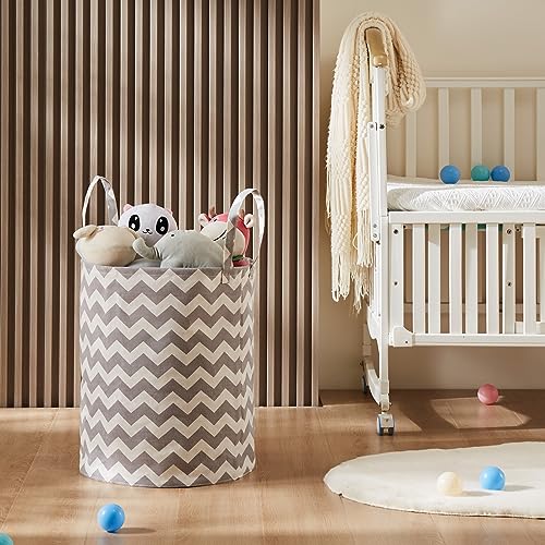 Image of Baby Laundry Basket Nursery Hamper with Long Handles, Grey Chevron | Large Storage Basket, baby hamper, pink laundry basket, kids hamper, Toy Bins for Nursery, Girls, Boys, Kids Room Decor