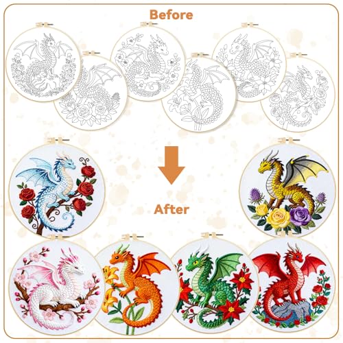 Image of BEUNITONE 6 Set Embroidery Kits for Beginners with Dragon Pre-Print Pattern | 7.9x7.9 inch DIY Craft Kits for Adults Include Embroidery Hoops and Instructions, Needlepoint Kits for Craft Lover and Home Decor