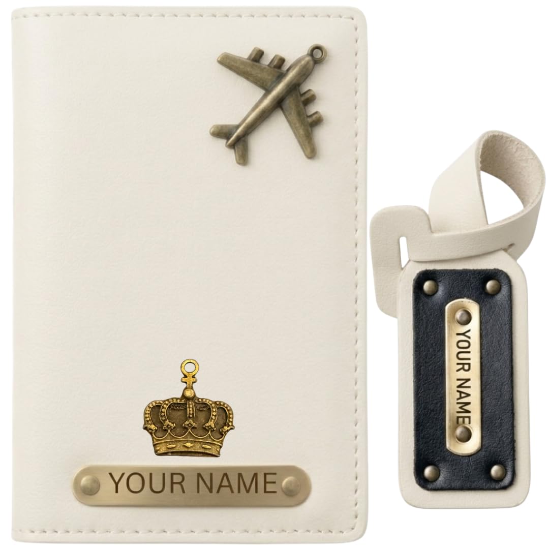 zift custom name & charm faux leather passport cover & luggage tag gift set - slim passport protector - best for diwali birthday return corporate gifts (off- white)