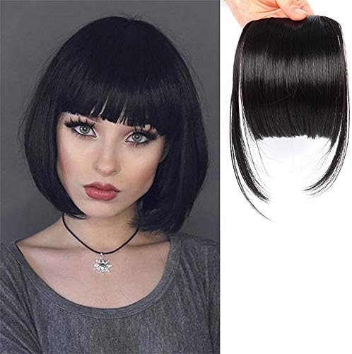 LEEONS Clip on Bangs Black Fringe Hair Extensions 6" Short Straight Clips in Hair Bang False Flat Hairpiece Two Side(1B#)