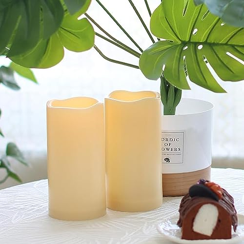 Image of 2 Pack 6'' Outdoor Battery Operated Candles with Timer Flameless LED Flickering Candles Waterproof Electric Pillar Decorative Candle for Wedding Party Home Lantern Garden