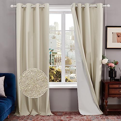 Deconovo Total Blackout Curtains for Bedroom, Faux Linen Full Blackout Curtains with Coating, Grommet Blackout Drapes, Window Treatments for Living Room, 52×96 Inch, Champagne, 2 Panels