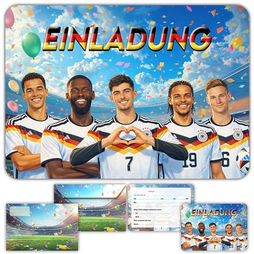 Glowiibo Fun4kid 12 x Fussball Fußball Einladungskarten Kindergeburtstag Junge mit passenden Umschlägen für Kinder Jungen - Vorgefüllte Karten auf Deutsch für Geburtstagsparty und Feier