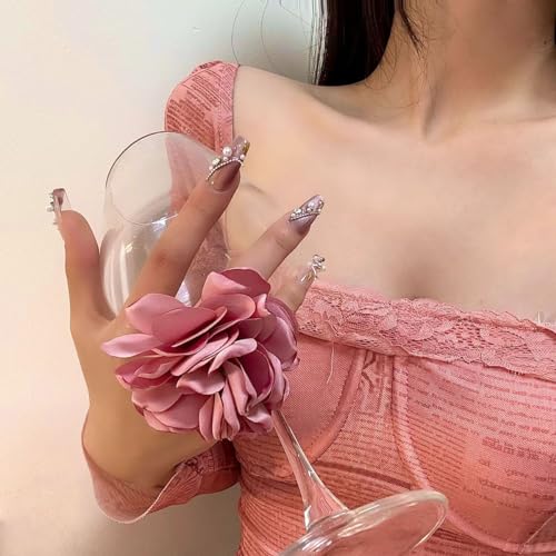 Kokoma Elegant Pink Rose Flower Statement Ring for Women Handmade Velvet Floral Blossoming Wedding Ring Adjustable Finger Band Flower Ring for Dance Accessories4