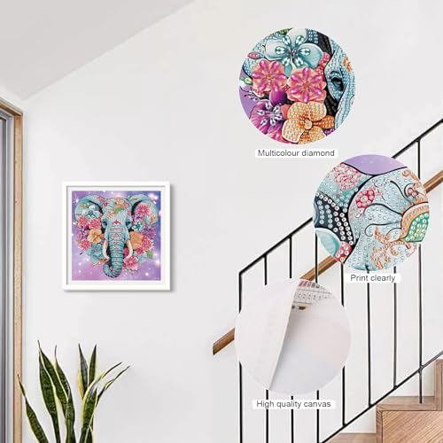 Image of AiYuanzsh Diamond Art Painting Kits for Adults, 5D Special Shape Diamond Art Kits for Beginners, Crystal Rhinestones Diamond Art Painting for Home Wall Decoration Gift 12x12inch, Elephant and Flowers