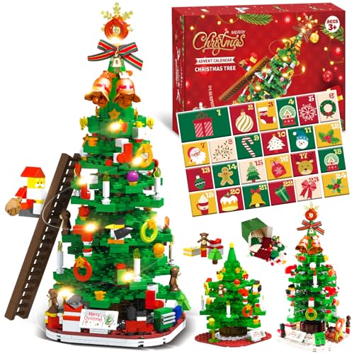 Christmas Tree Adventskalender 2025 & Weihnachtsdeko zum Selberbauen 24 Tannenbaum Bausteine mit Lichterkette Kreativer Countdown für Kinder & Familie