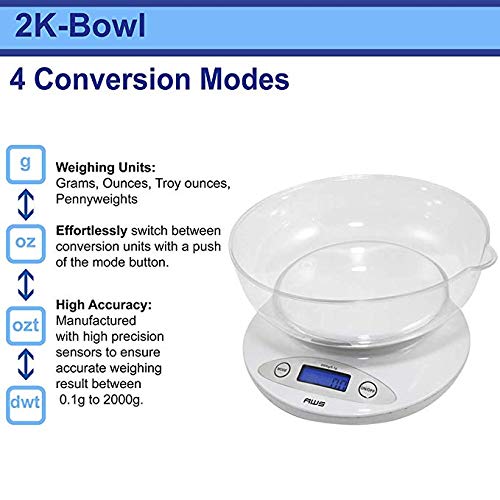 Báscula digital de precisión para alimentos de cocina con cuenco extraíble, 2K-Bowl-WT, 70.55 oz x 0.1 G, (blanco) 3