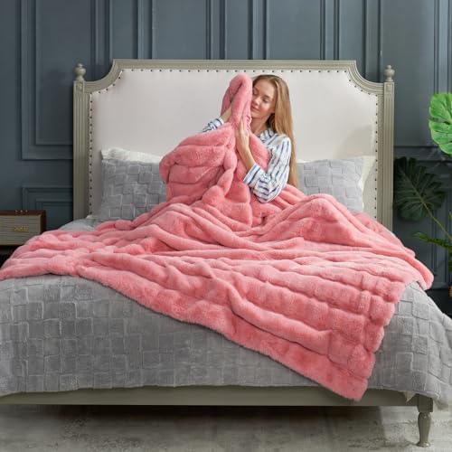 Cozy Bliss Faux Fur Throw Blanket for Couch, Cozy Warm Plush Striped Blanket for Sofa Bedroom Living Room, 90 * 90 Inches Pink