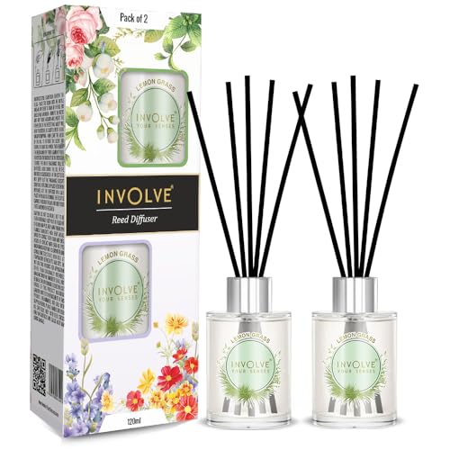 Image of Involve Pura Reed Diffuser Set (Pack of 2) - Lemongrass - 120 ml | Oil Diffuser with Free 10 Reed Sticks | Room Freshener for Home Decor & Bedroom | Gifts Set | New Home Gift Items Useful