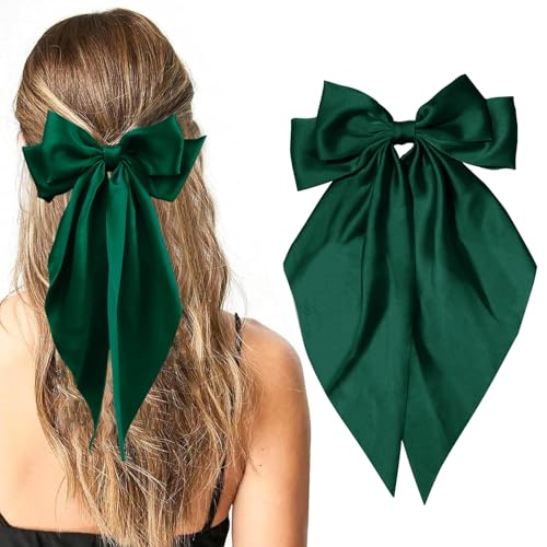 Big Bow Hair Clips Long Ribbon Hair Pins for Women - Green Hair Bows Soft Barrettes and Party Accessories