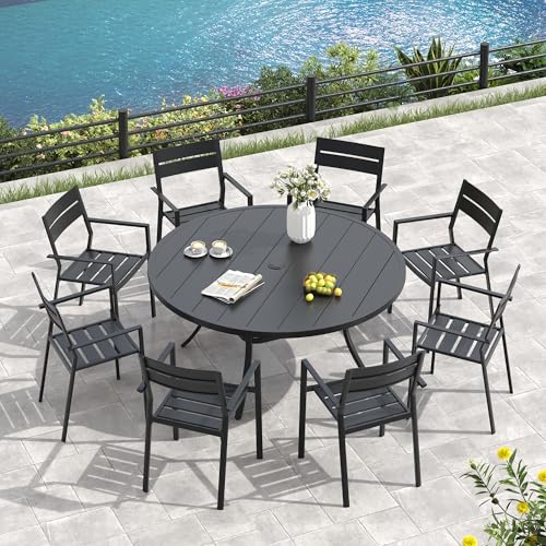Image of VICLLAX 60 inch Round Patio Table, Outdoor Dining Table for 8-10 with Umbrella Hole for Garden Lawn Deck Backyard, Black