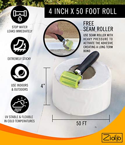 RV Flex Repair Tape | White | 4 Inch x 50 foot Roll | Seal and Waterproof Roofs | Bond to EPDM Rubber with Butyl Sealant | Vent | Skylight | Flashing | Motorhome | Trailer | Seam Roller Included |