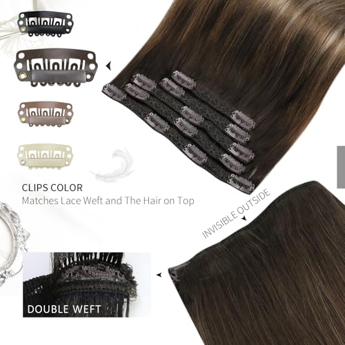 Moresoo Real Hair Extensions Clip in Human Hair Balayage Brown Clip in Hair Extensions Dark Brown to Light Brown with Dark Honey Blonde Short Bob Hair 10 Inch 5 Pcs/80g #4/10/16 - Image 4