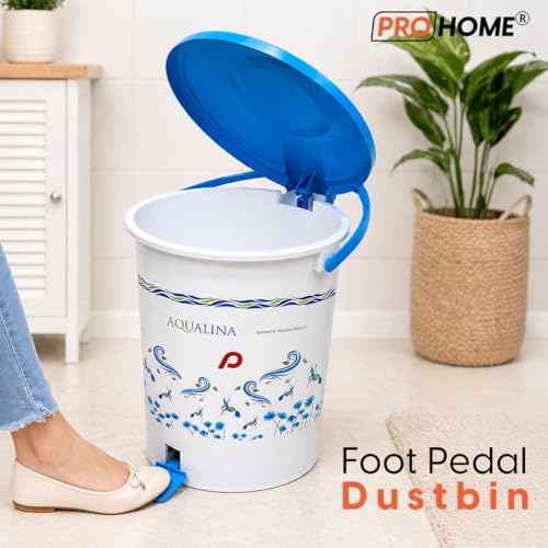Image of PROHOME Aqualina Floral Plastic Pedal Dustbin for Home, Office, Kitchen, Bathroom & Bedroom | Trash Can /Garbage Waste Bin with Lid & Handle (15L, White)