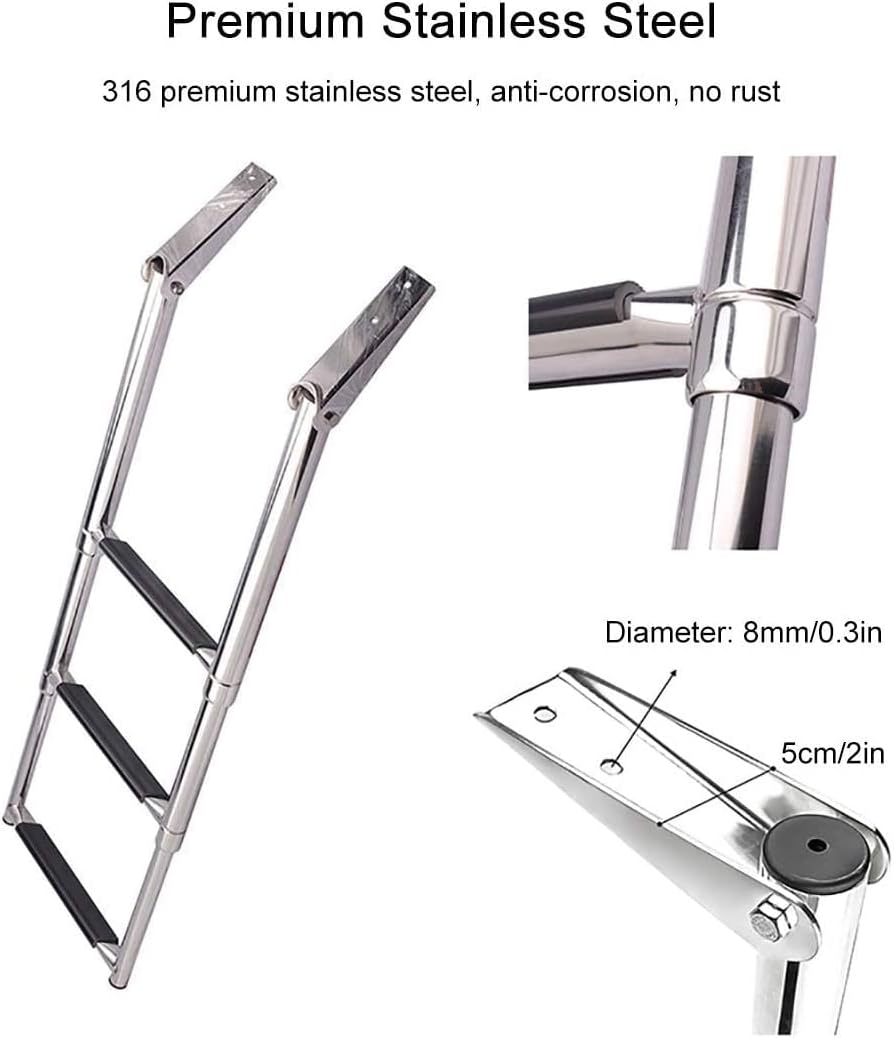 Folding Dock Boat Ladder 2/3/4 Steps Folding Boarding Ladder with Retaining Strap, 316 Stainless Steel Folding Deck Ladder for Boat Yacht Ship,440lbs Capacity