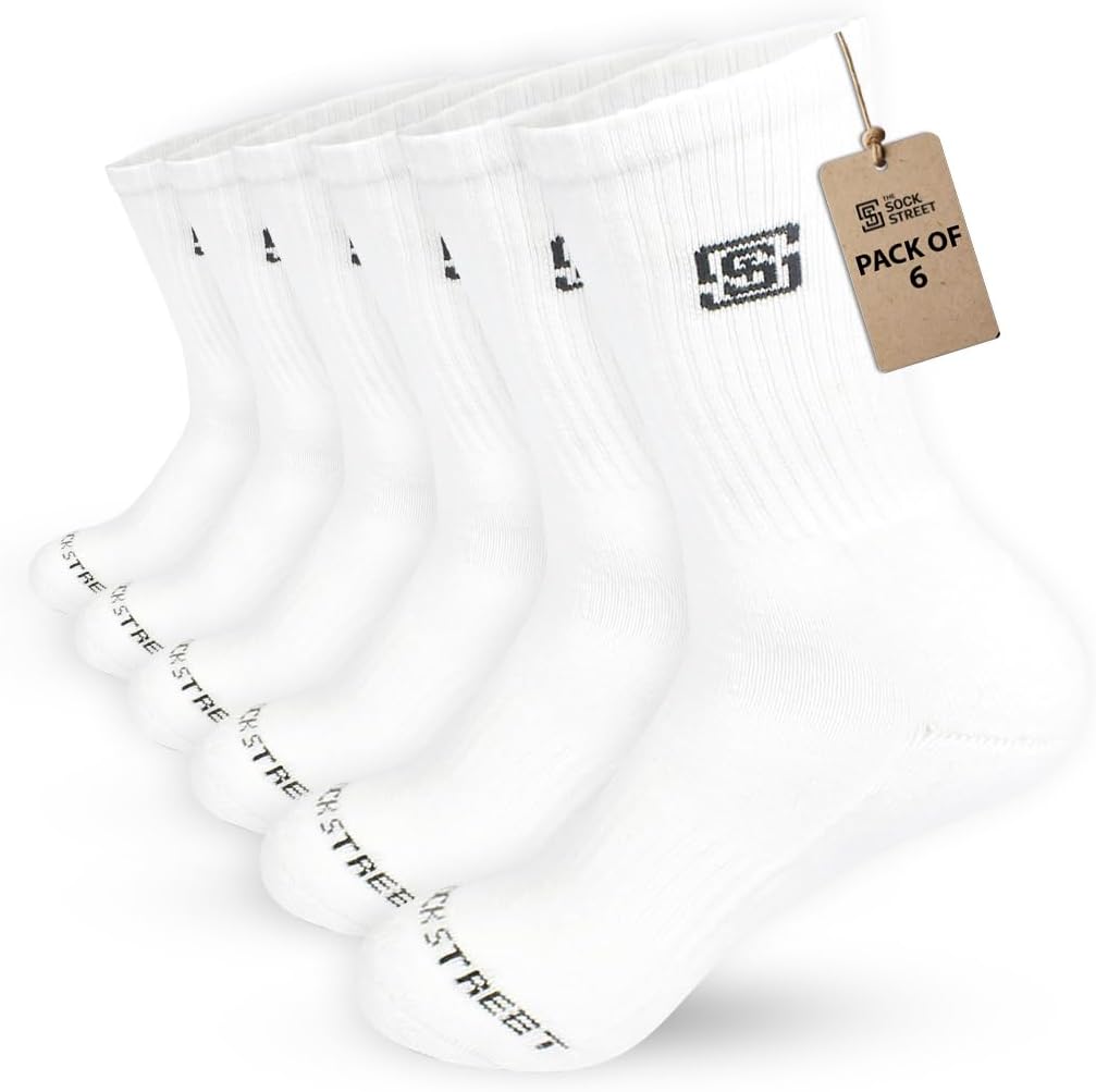 | Sports Socks for Men Combo Pack | Terry Cushioned Crew Length | Cotton | Gym, Athletic & Running | Odour-Free, Breathable & Moisture Wicking | UK Size 6-11 | Multicolor