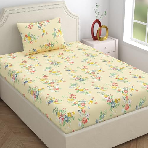 Image of Home Ecstasy 100% Cotton Single Bedsheet with 1 Pillow Cover - (Size 59 x 87 inches, 140 TC, Colour - Beige: Silken Beige)