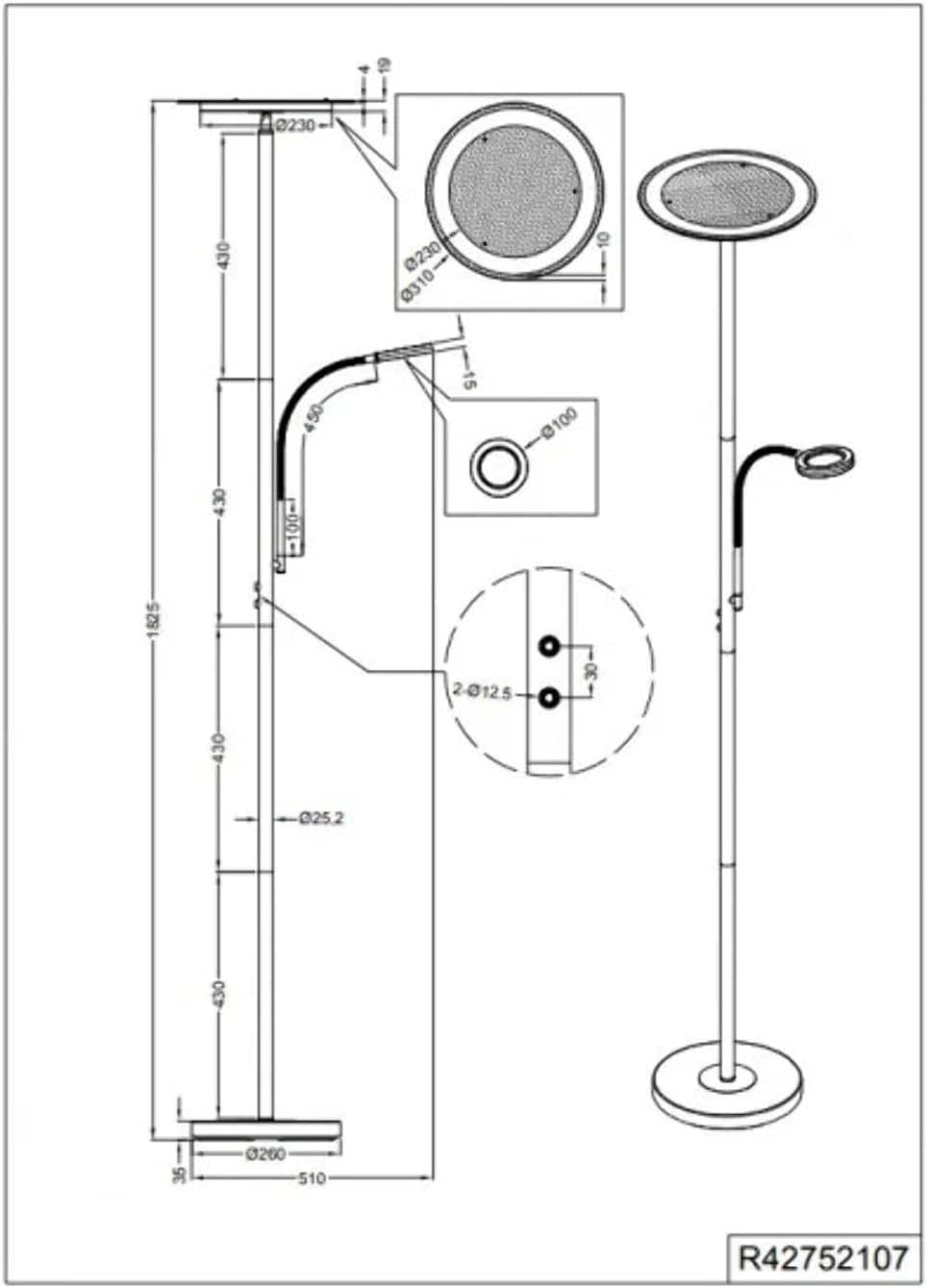 Technical drawing with dimensions of the Ackbar LED Floor Lamp