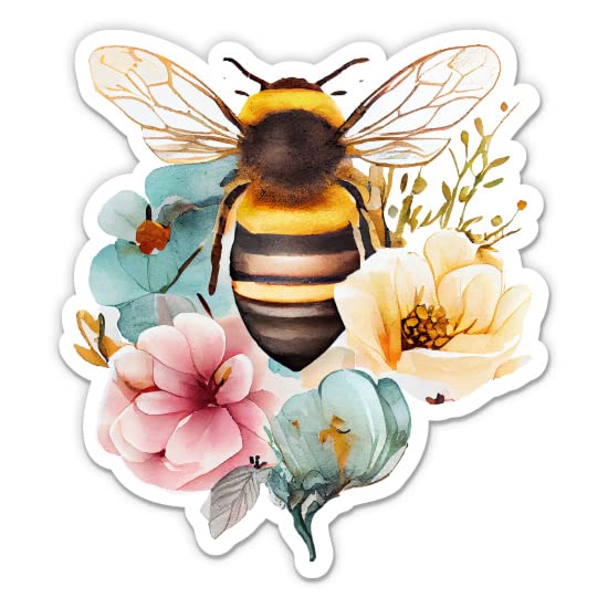 Pretty Floral Honey Bee Sticker - 3" Laptop Sticker - Waterproof Vinyl for Car, Phone, Water Bottle - Art Watercolor Decal