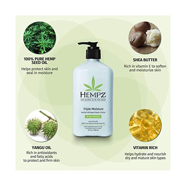 Hempz-Natural-Triple-Moisture-Herbal-Whipped-Body-Cream-with-100-Pure-Hemp-Seed-Oil-for-24-Hour-Hydration-Moisturizing-Vegan-Skin-Lotion-with-Yangu-Oil-Peach-and-Grapefruit-Enriched-Moisturizer HEMPZ Body Lotion - Triple Moisture - Grapefruit and Sparkling Peach - Daily Moisturizing Cream - 17oz