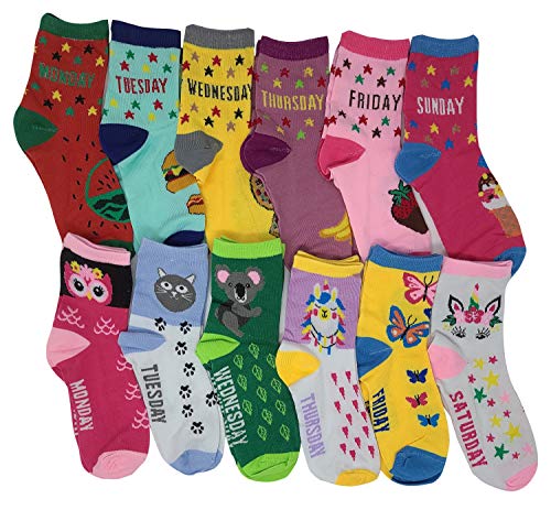 Ayla 12 Pairs Pack Kids Girls Colorful Creative Fun Novelty Design Crew Socks (4-6, Days)2