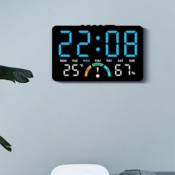 Large LED digital clock featuring time, digital wall clock,humidity, temperature, date, alarm, and comfort level indicators, designed for wall hanging or flat setup (Blue)