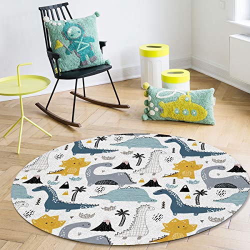 Round Dinosaur Area Rug 5Ft For Kids Nursery Room Boys & Girls Room Cartoon Cute Rugs Shag Carpet Non-Shedding Rug Non-Slip Playing Mat For Boys And Girls Room Living Room Bedroom Washable Circle Rug #TOP2